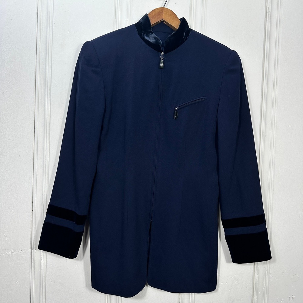 Dana Buchman Wool Jacket 6 Navy Blue Velvet Trim Mandarin Collar Zip Front